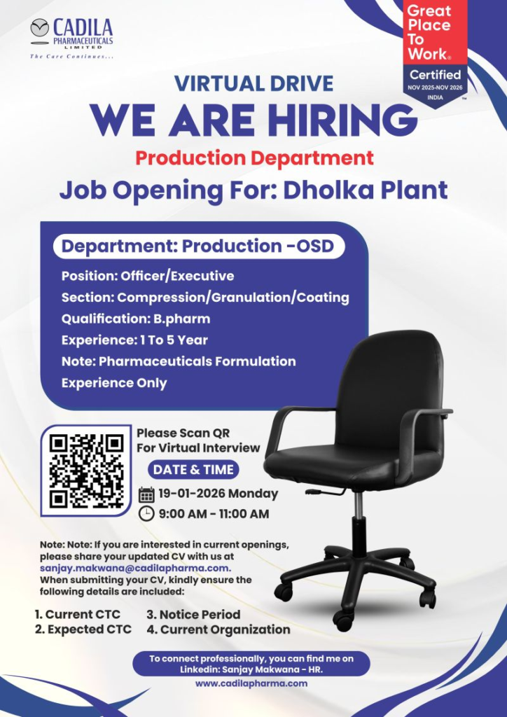 Cadila Pharmaceuticals Hiring For Production