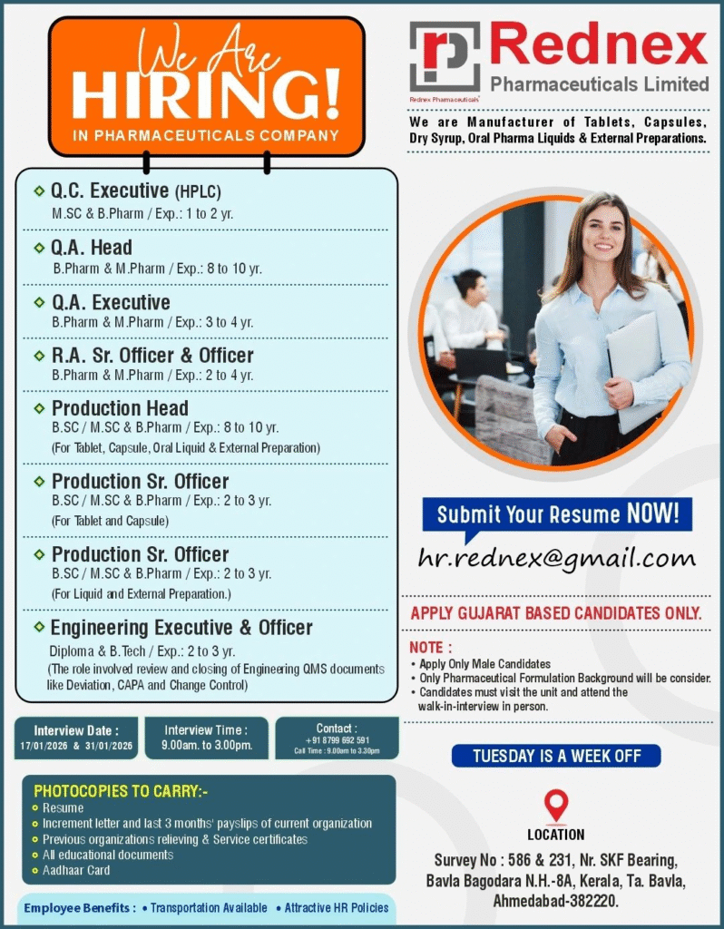 Rednex Pharmaceuticals Hiring For Quality Control, Quality Assurance, Regulatory Affairs, Production, and Engineering