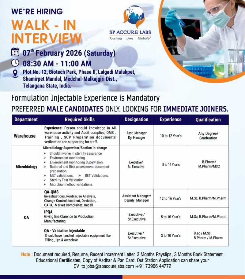 SP Accure Hiring For Warehouse / Microbiology / Quality Assurance SP Accure Hiring For Warehouse / Microbiology / Quality Assurance
