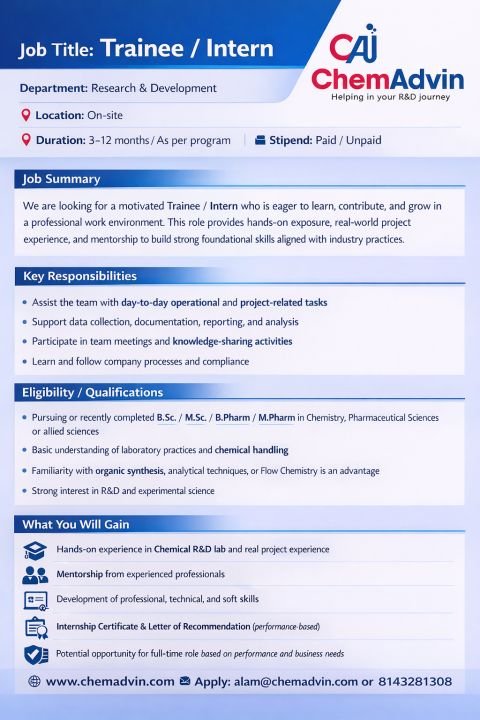 Freshers Needed In Research & Development (R&D) At ChemAdvin