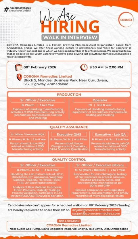 Corona Remedies Hiring For Production, Quality Assurance, and Quality Control