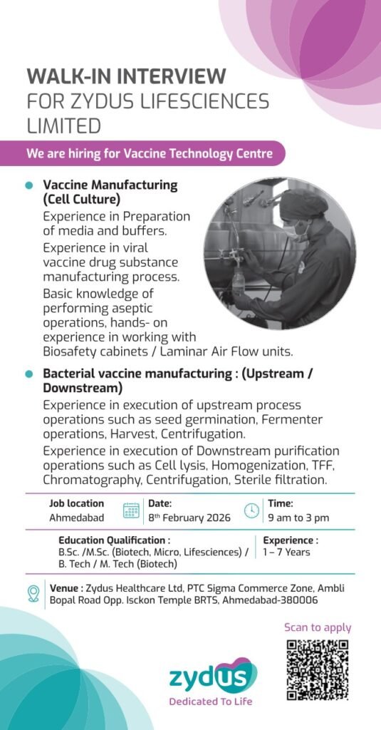 Zydus Lifesciences Hiring For Vaccine Manufacturing professionals