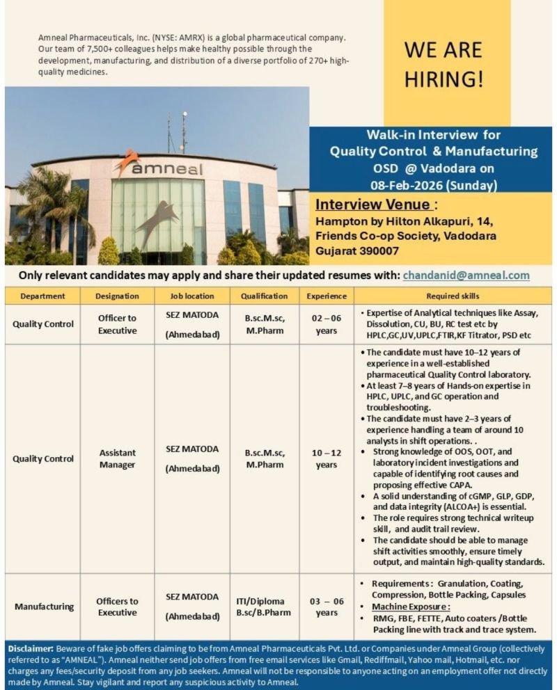Amneal Pharmaceuticals Hiring For Manufacturing / Quality Control