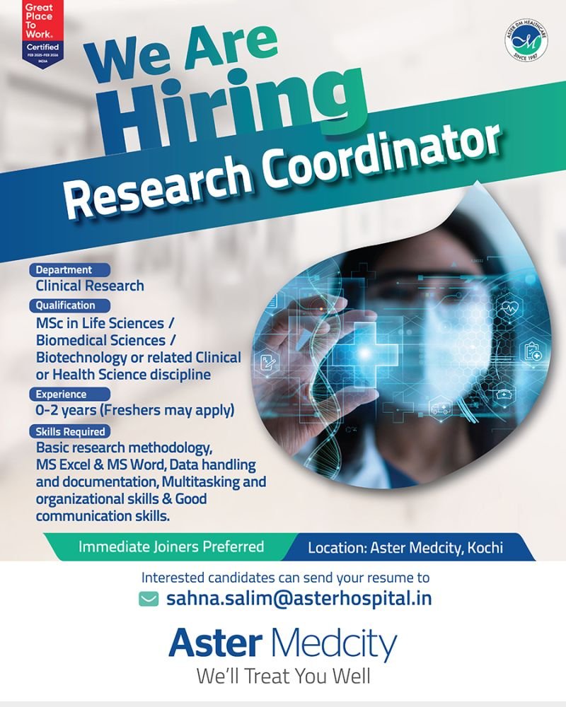Freshers Needed In Clinical Research Coordinator At Aster Medcity