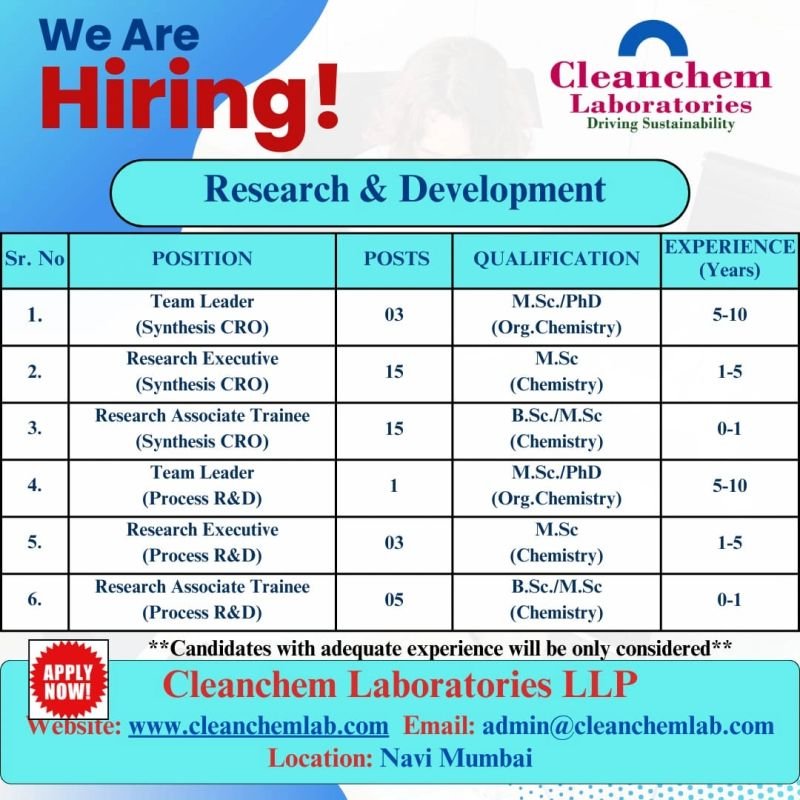 Freshers Needed In Research Associate Trainee to Team Leader At Cleanchem Laboratories Freshers Needed In Research Associate Trainee to Team Leader At Cleanchem Laboratories