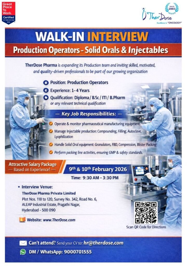 TherDose Pharma Hiring For Production Operator
