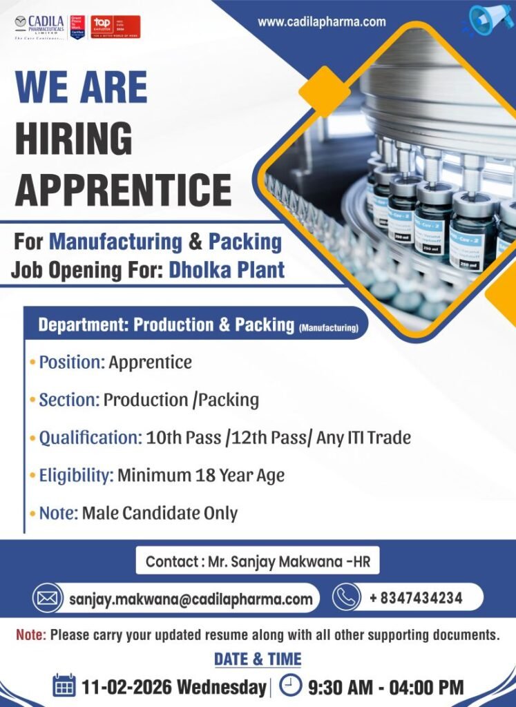 Cadila Pharmaceuticals Hiring For Freshers Apprentice Production / Packing