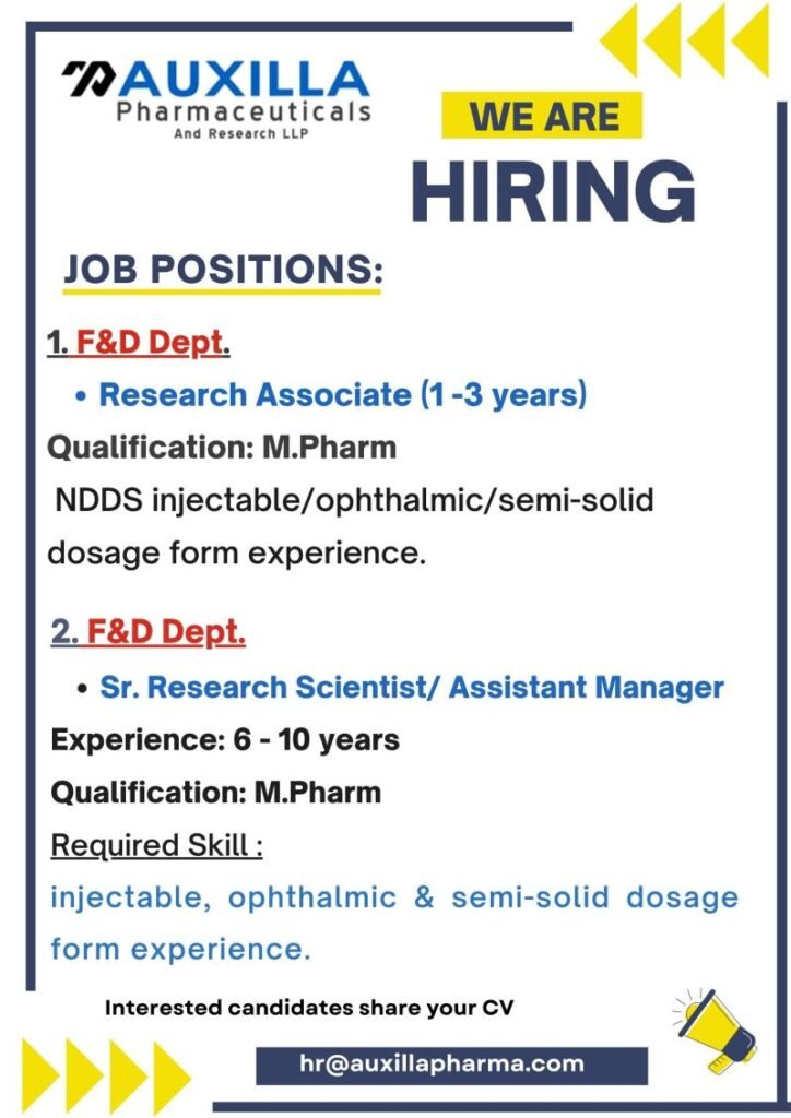 AUXILLA Pharmaceuticals Hiring For Formulation & Development (F&D)
