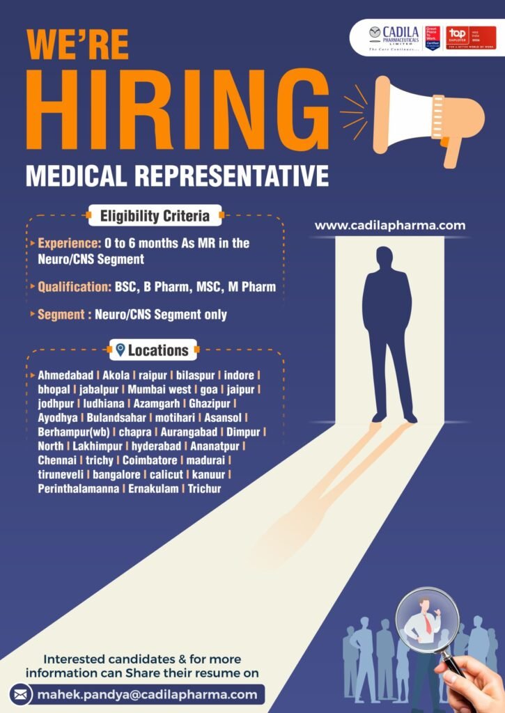 Freshers Needed In Medical Representative At Cadila Pharmaceuticals