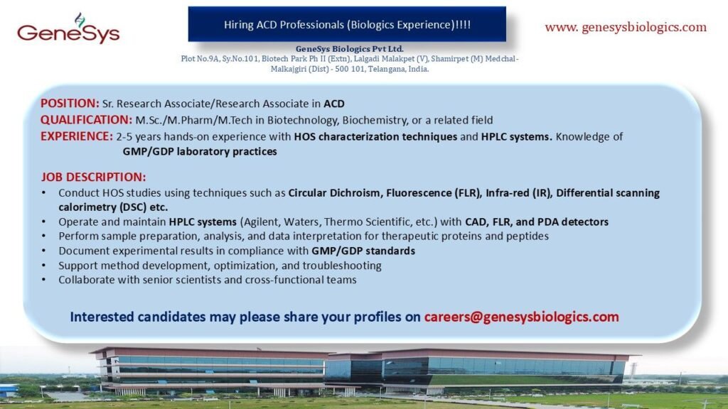 GeneSys Biologics Hiring For Analytical Characterization & Development