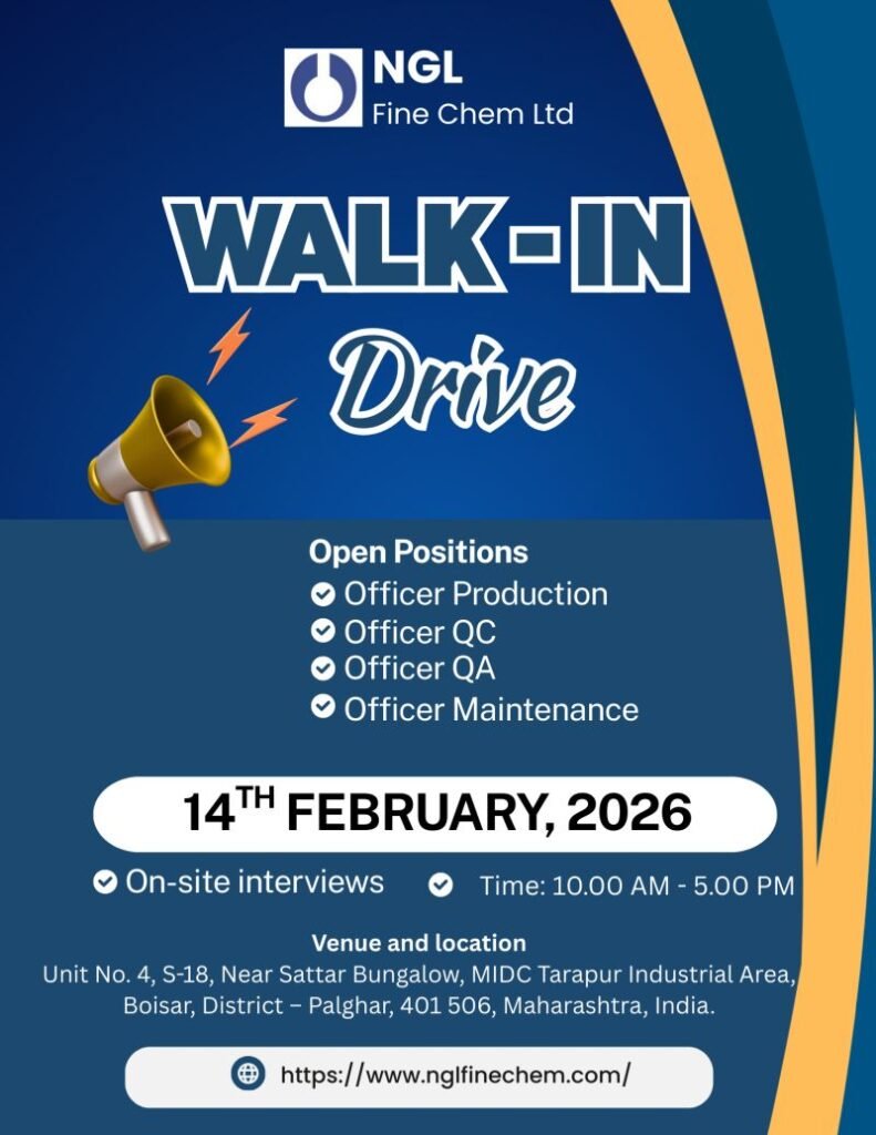 NGL Fine Chem Hiring For Production, Quality Control, Quality Assurance, and Maintenance