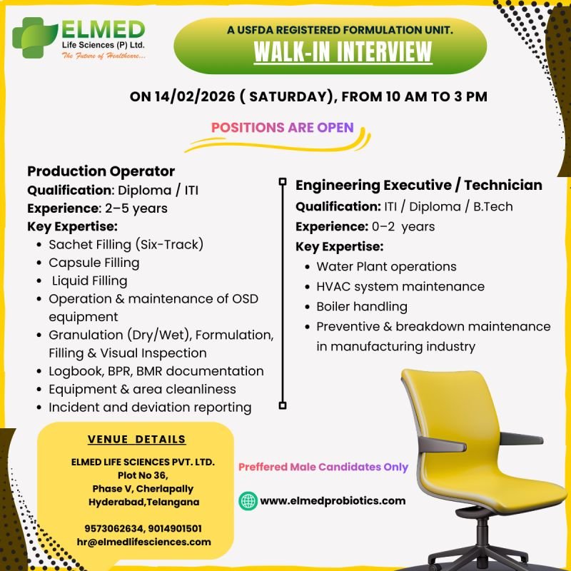 Freshers Needed In Production / Engineering At ELMED Life Sciences