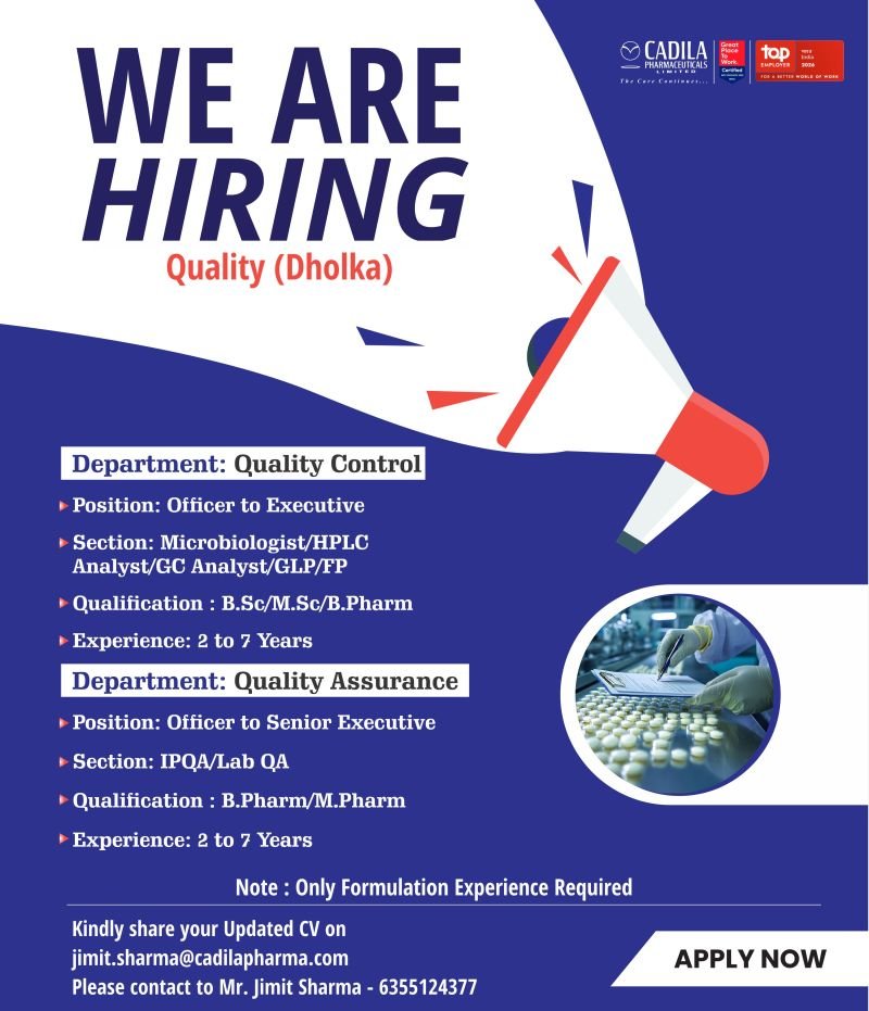 Cadila Pharmaceuticals Hiring For Quality Control / Quality Assurance