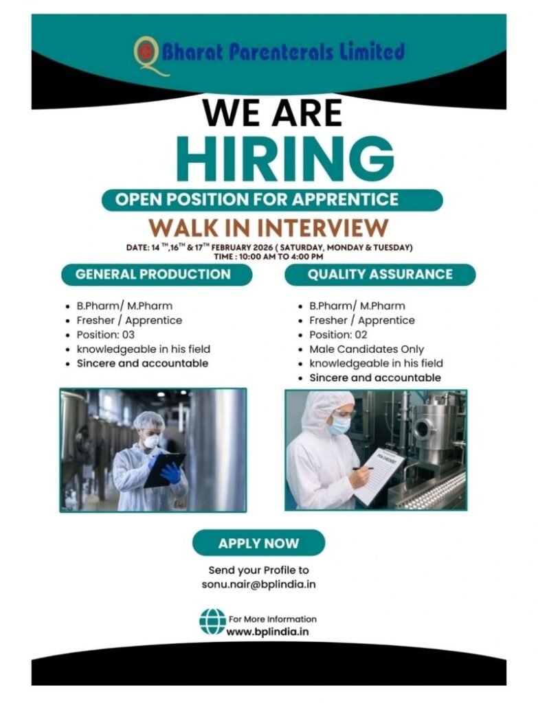 Freshers Needed In Production / Quality Assurance At Bharat Parenterals Limited