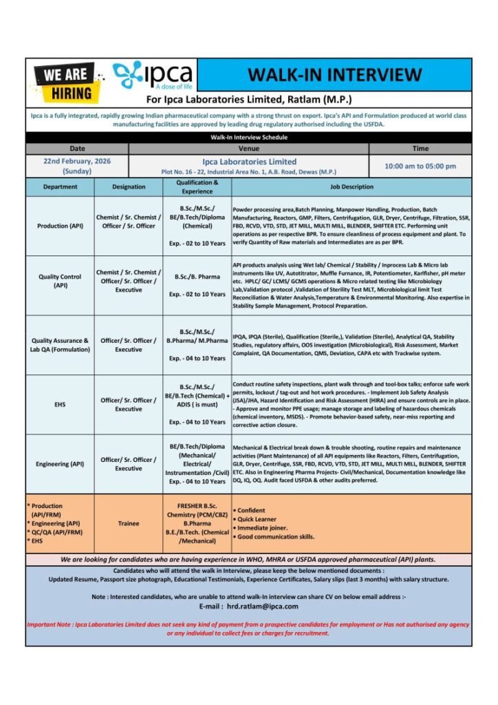 Freshers Needed In Production / Quality Control / Quality Assurance / Engineering / EHS At Ipca Laboratories