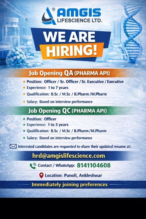 Amgis Lifescience Hiring For Quality Assurance / Quality Control
