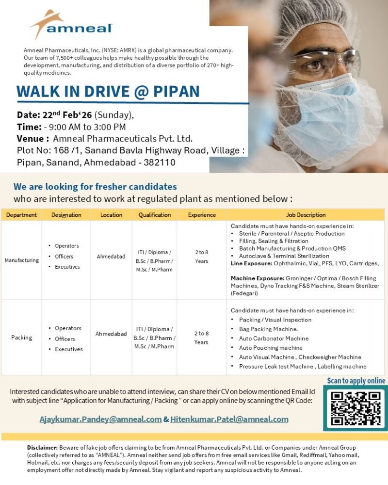 Amneal Pharmaceuticals Hiring For Packing / Manufacturing Amneal Pharmaceuticals Hiring For Packing / Manufacturing