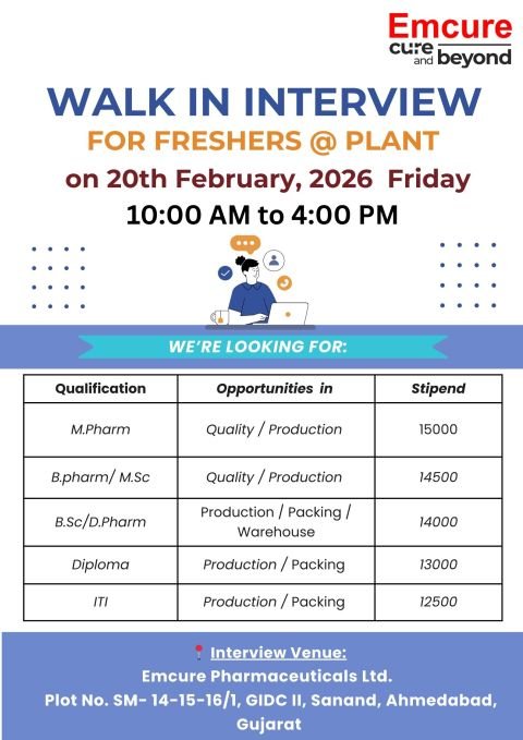 Freshers Neede In Quality / Production / Packing / Warehouse At Emcure Pharmaceuticals