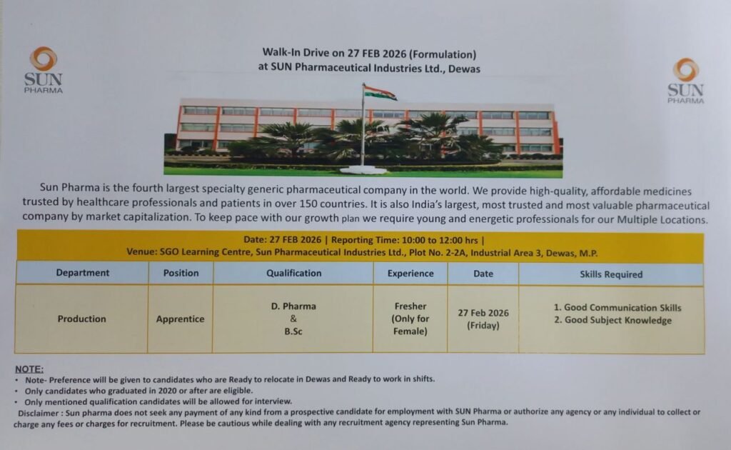 Freshers Needed In Production At Sun Pharmaceutical