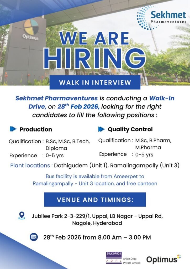Freshers Needed In Production & Quality Control At Sekhmet Pharmaventures