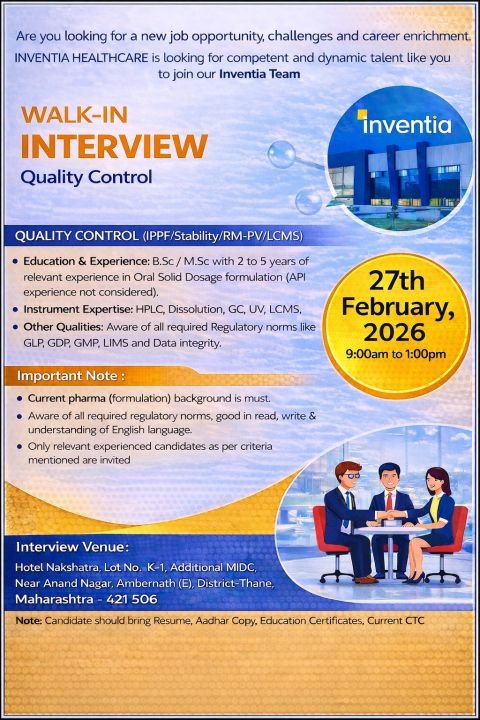 Inventia Healthcare Hiring For Quality Control