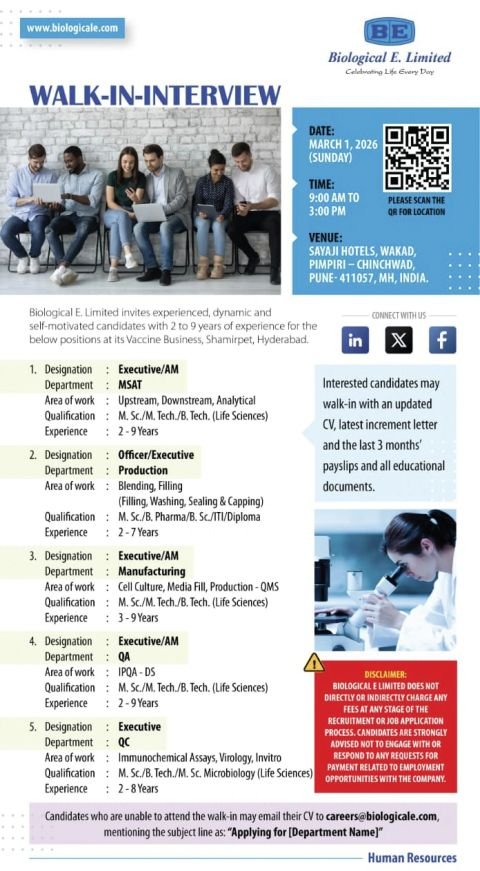 Biological E. Limited Hiring For Quality Assurance / Quality Control / Manufacturing / Production Biological E. Limited Hiring For Quality Assurance / Quality Control / Manufacturing / Production