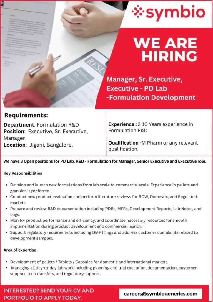 Symbio Generics Hiring For Formulation R&D Symbio Generics Hiring For Formulation R&D