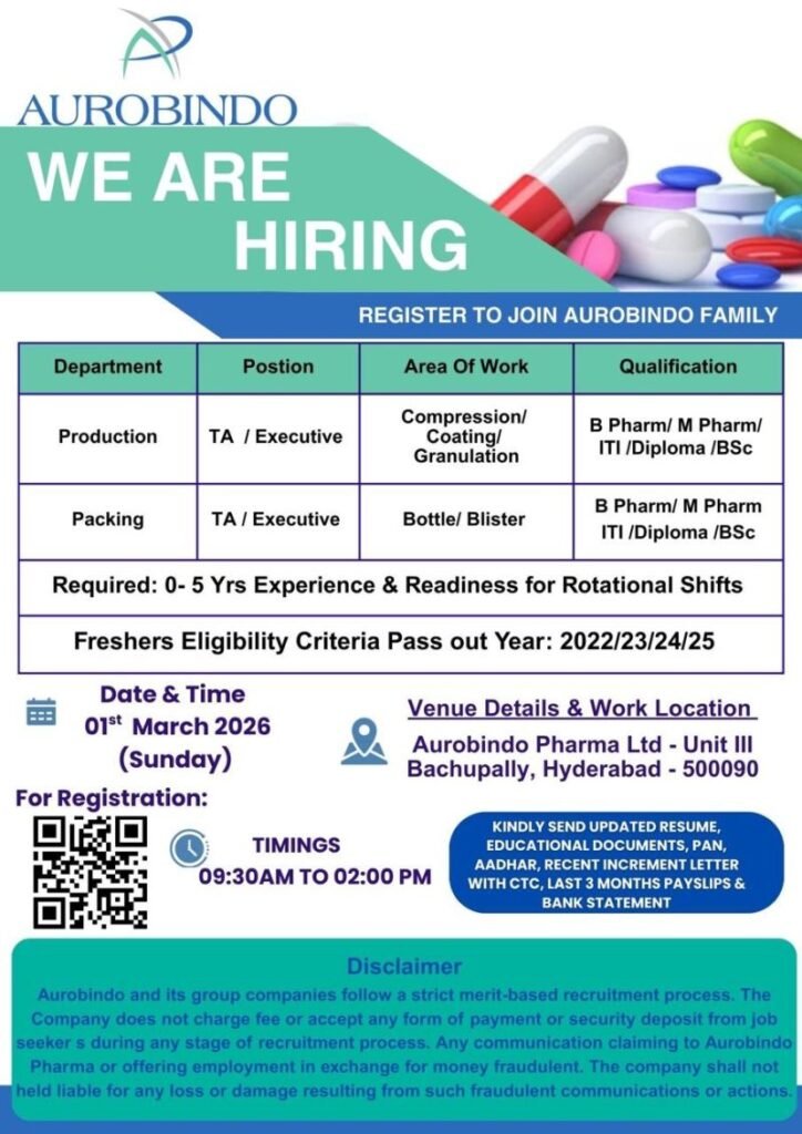 Freshers Needed In Production & Packing At Aurobindo Pharma Freshers Needed In Production & Packing At Aurobindo Pharma