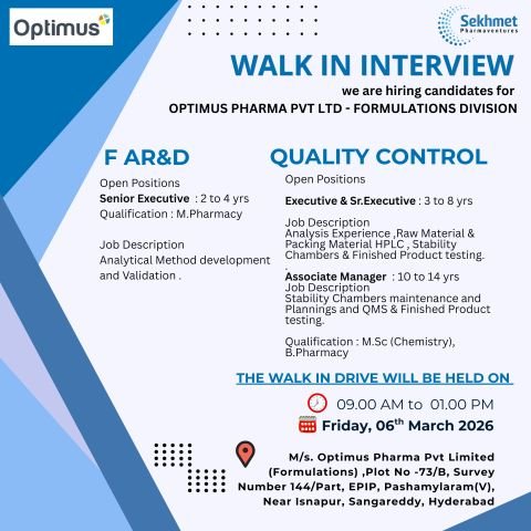 Optimus Pharma Hiring For Formulation Analytical Research & Development / Quality Control Optimus Pharma Hiring For Formulation Analytical Research & Development / Quality Control