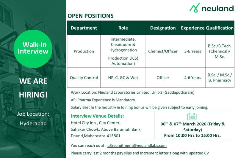 Neuland Laboratories Hiring For Production / Quality Control Neuland Laboratories Hiring For Production / Quality Control