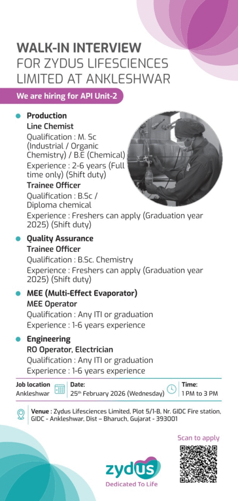 Freshers Needed In Engineering / Quality Assurance / Production At Zydus Lifesciences Limited