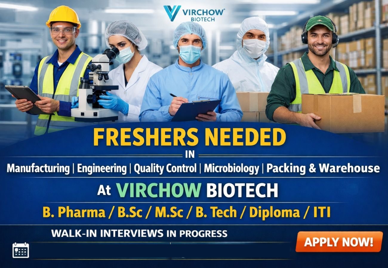 Freshers Needed In Manufacturing, Engineering, Quality Control, Microbiology, Packing & Warehouse At Virchow Biotech