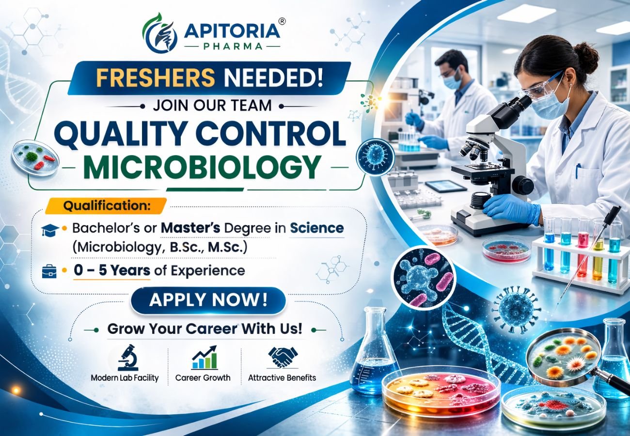 Freshers Needed In Quality Control Microbiology professionals At Apitoria Pharma