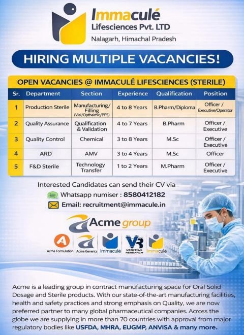 Immaculé Lifesciences Hiring For Production / Quality Assurance / Quality Control / ARD / F&D Immaculé Lifesciences Hiring For Production / Quality Assurance / Quality Control / ARD / F&D