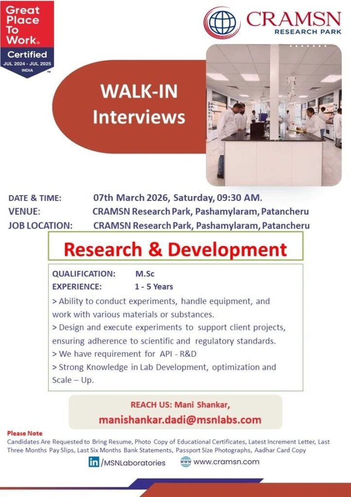 CRAMSN Research Hiring For Research & Development (API – R&D)