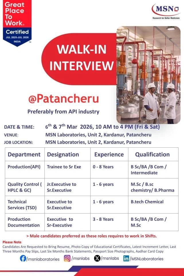 Freshers Needed In Production / Quality Control / Technical Services Department At MSN Laboratories Freshers Needed In Production / Quality Control / Technical Services Department At MSN Laboratories