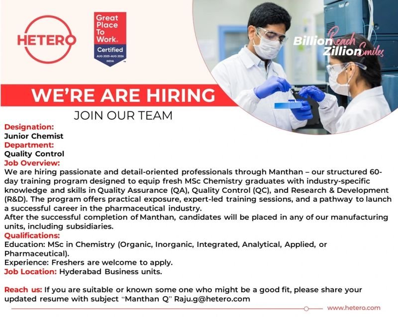 Freshers Needed In Quality Control At Hetero Freshers Needed In Quality Control At Hetero