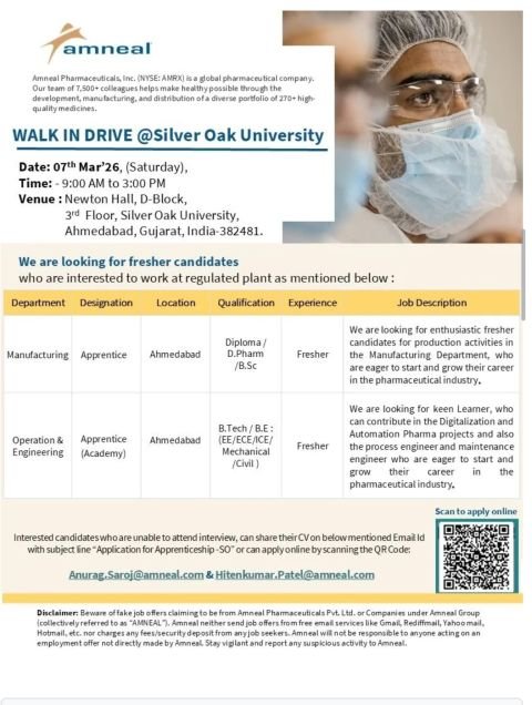 Freshers Needed In Manufacturing / Operations & Engineering At Amneal Pharmaceuticals, Inc Freshers Needed In Manufacturing / Operations & Engineering At Amneal Pharmaceuticals, Inc