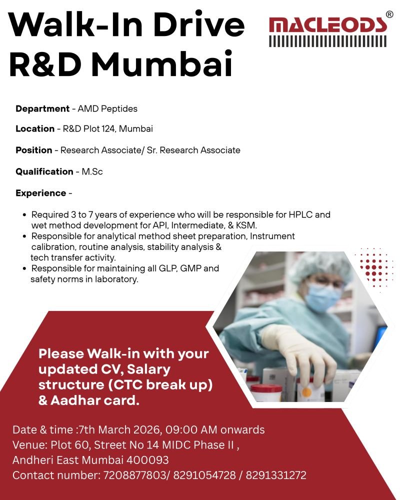 Macleods Pharmaceuticals Hiring For AMD Peptides (Research Associate / Sr. Research Associate) Macleods Pharmaceuticals Hiring For AMD Peptides (Research Associate / Sr. Research Associate)