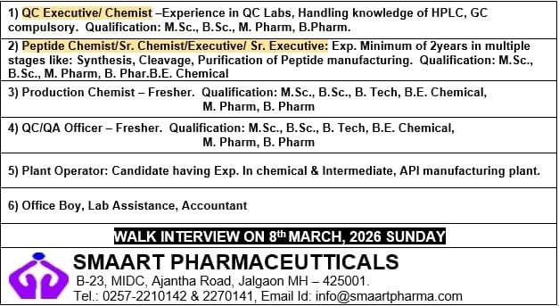 Freshers Needed In QC Executive, Peptide Chemist, Production Chemist, QA Officer, Plant Operator, and Lab Assistant At Smaart Pharmaceuticals Freshers Needed In QC Executive, Peptide Chemist, Production Chemist, QA Officer, Plant Operator, and Lab Assistant At Smaart Pharmaceuticals