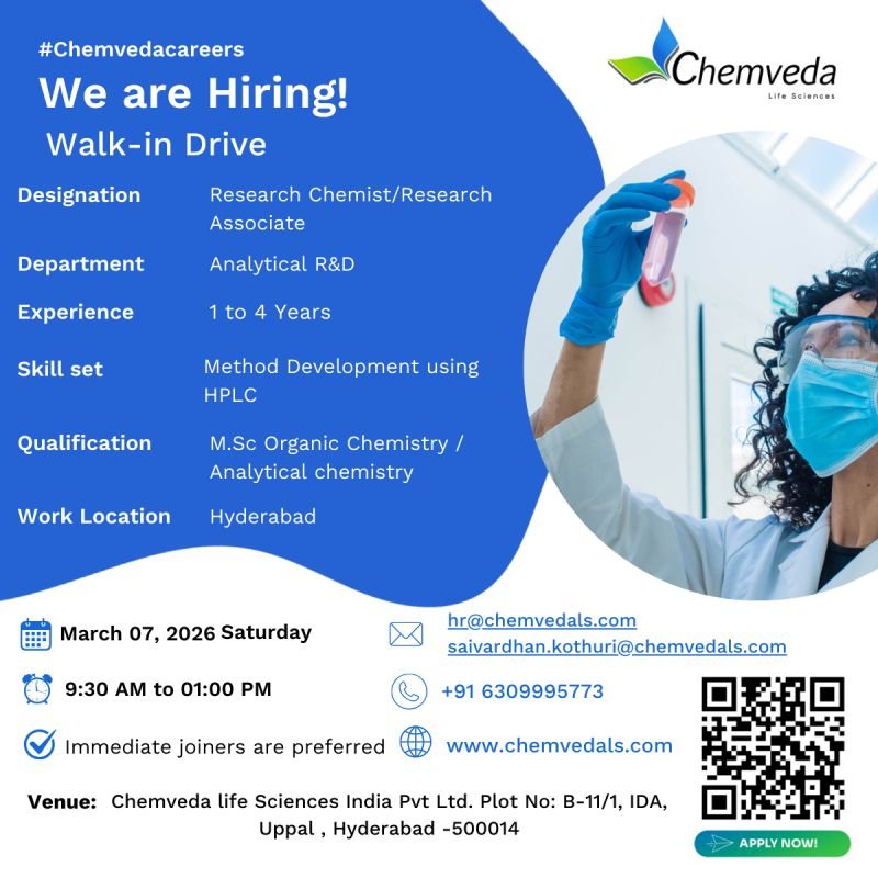 Chemveda Life Sciences Hiring For Analytical R&D Chemveda Life Sciences Hiring For Analytical R&D