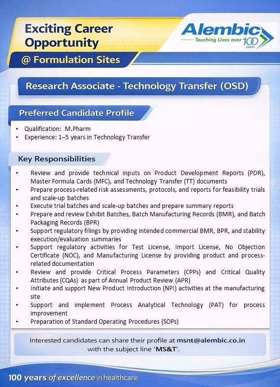 Alembic Pharmaceuticals Hiring For Research Associate – Technology Transfer (OSD)