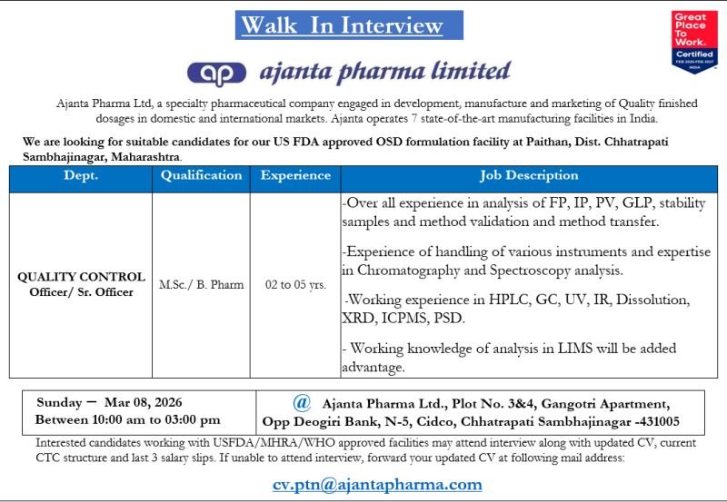 Ajanta Pharma Hiring For Quality Control