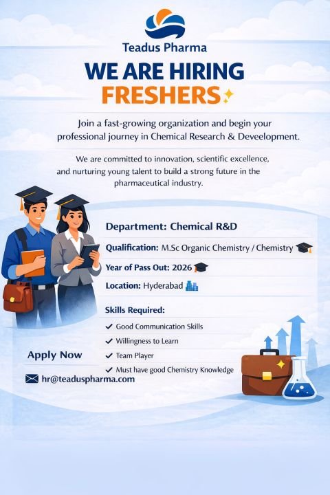 Freshers Needed In Chemical Research & Development (R&D) At Teadus Pharma