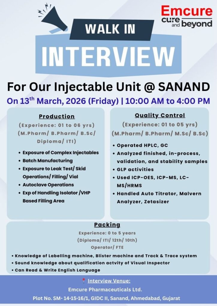 Emcure Pharmaceuticals Hiring For Production, Quality Control, Packing