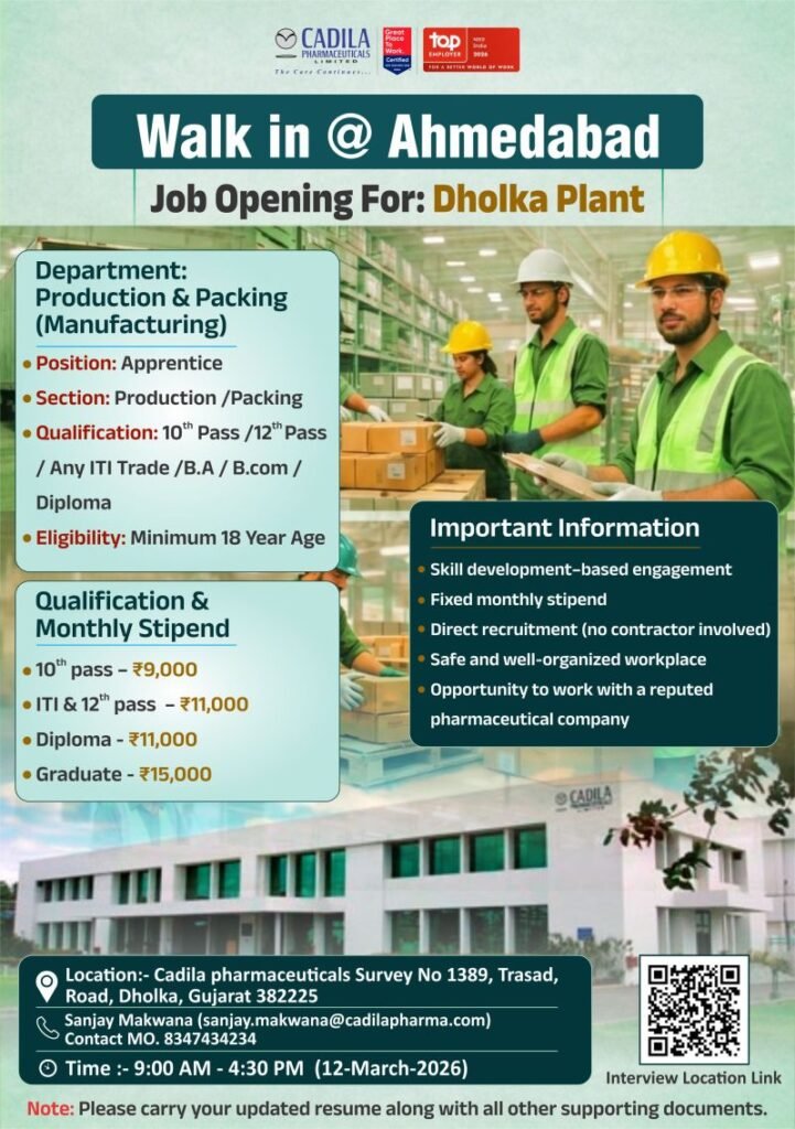 Freshers Needed In Production & Packing (Manufacturing) At Cadila Pharmaceuticals