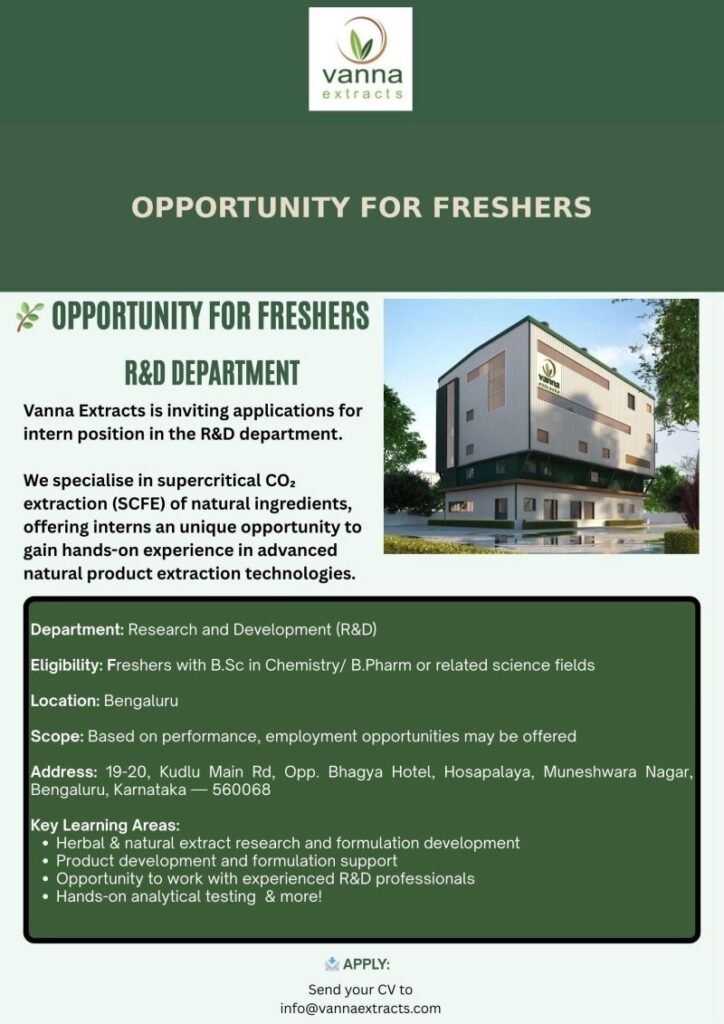 Freshers Needed In Research & Development At Vanna Extracts