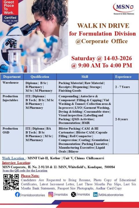 MSN Laboratories Hiring For Production / Warehouse