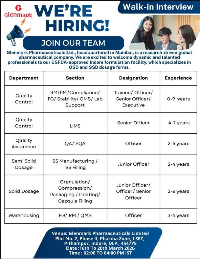 Freshers Needed In Quality Control / Quality Assurance / Manufacturing / Warehousing At Glenmark Pharmaceuticals