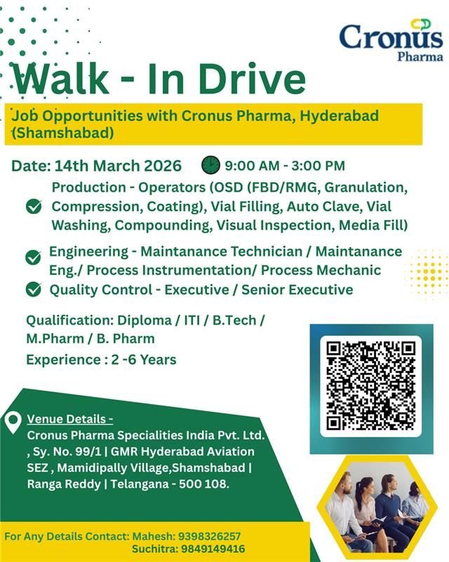 Cronus Pharma Hiring For Production / Engineering / Quality Control